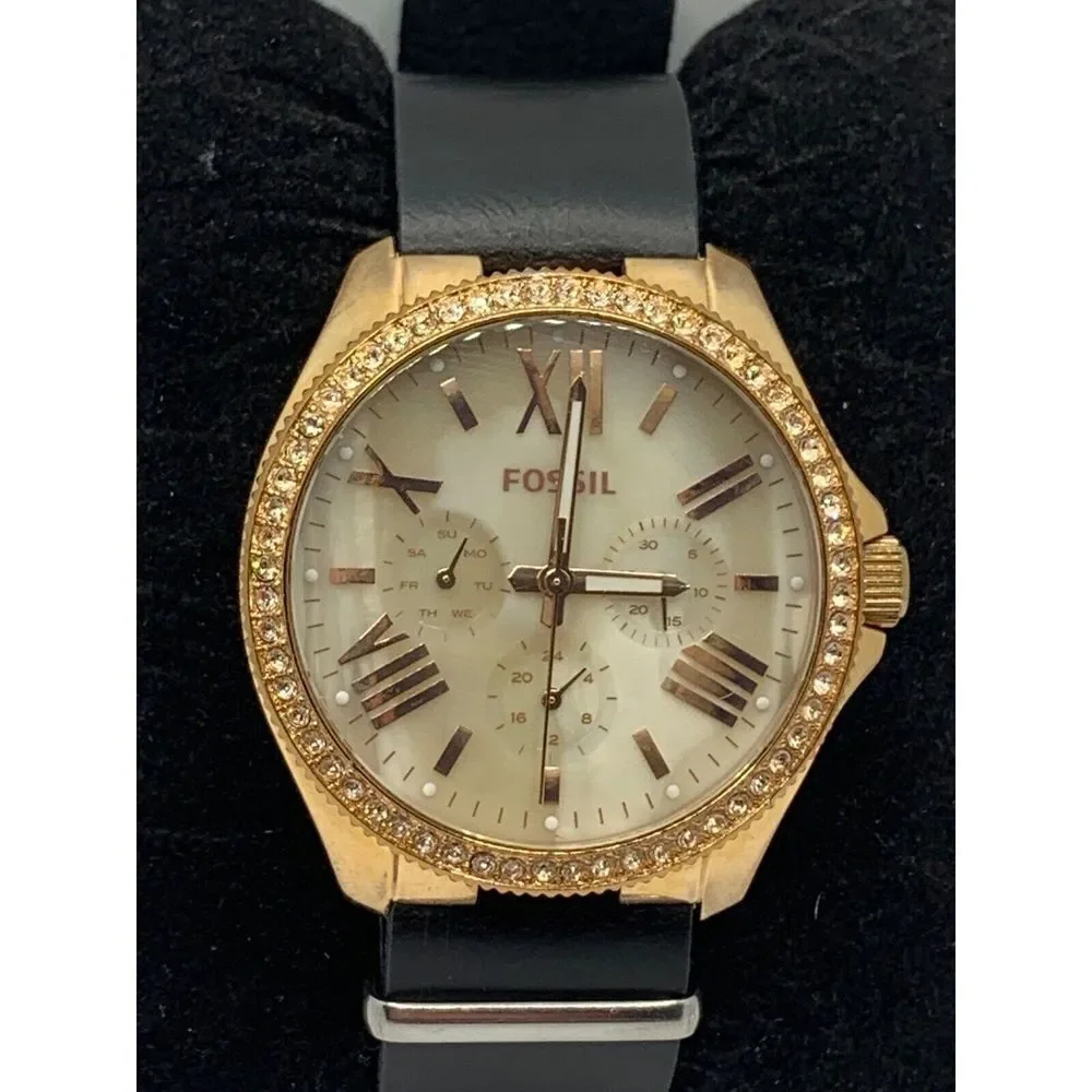 Fossil AM4616 Women's Black Leather Analog Beige Dial Quartz Wrist Watch RU263